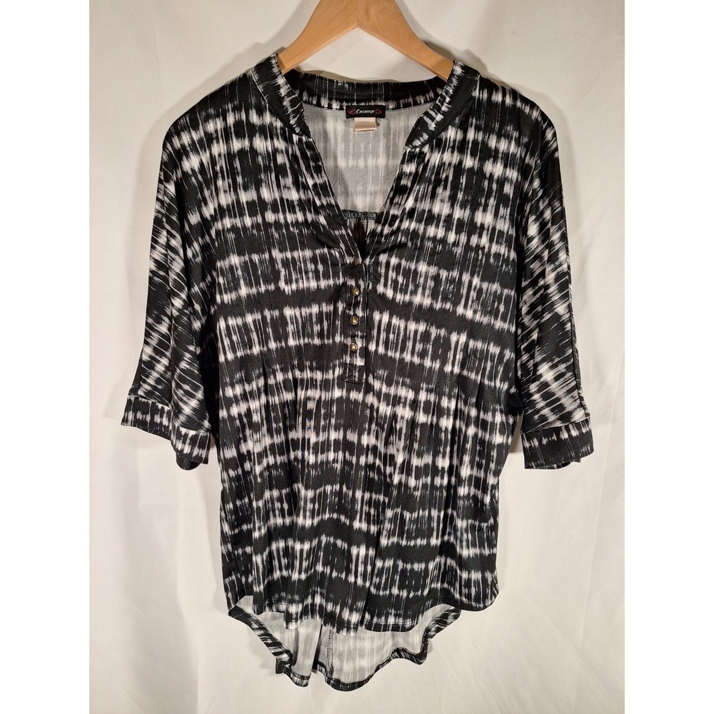 Cocomo Womens Black White Ikat Print Henley Blouse 3/4 Sleeve High Low Top
